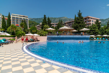 Becici, Montenegro - June 8. 2019. Swimming pool on site of Iberostar resortのeditorial素材