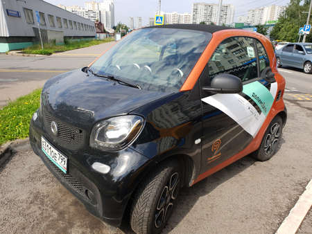 Moscow, Russia -July 29. 2020. Smart car of Delimobil car sharing companyのeditorial素材