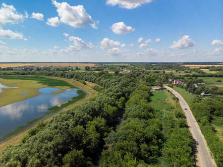 Beautiful countryside landscape with a river, aerial view. Russiaの写真素材