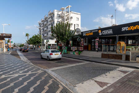 Protaras, Cyprus - Oct 6. 2019. General form of Protaras Avenue with restaurants and hotelsのeditorial素材
