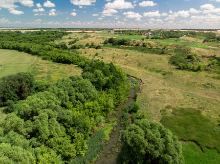 Beautiful countryside landscape with a river, aerial view. Russiaの写真素材