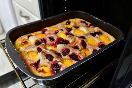 Baked cherry, apricots, plums pie on a baking sheet in the ovenの写真素材