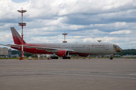 Moscow, Russia - June 6. 2018. The plane of the airline Rossiya with leopard print in Vnukovo airportのeditorial素材