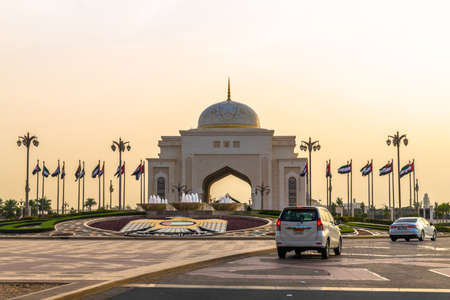 Abu Dhabi, UAE - March 31. 2019. The Arch main entrance to Presidential Palace On the Sunsetのeditorial素材