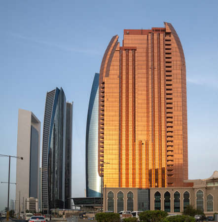 Abu Dhabi, UAE - March 31. 2019. The Etihad Towers and Bab Al Qasr Hotel On the Sunsetのeditorial素材