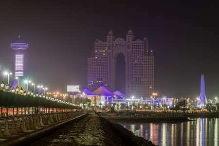 Abu Dhabi, UAE - April 4. 2019. Fairmont Marina Abu Dhabi hotel in the nightのeditorial素材