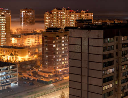 Beautiful night landscape with fog in Zelenograd sleeping area of Moscow, Russiaの写真素材