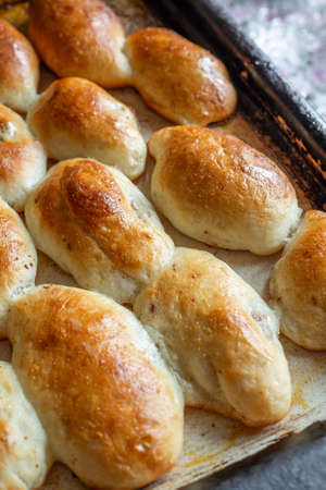 Baked homemade pies on the baking sheetの写真素材