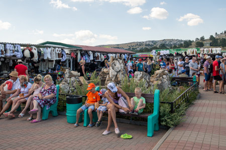 Ai-Petri, Crimea - July 5, 2019. Tourists queuing up for cable car at the top of Mount Ai-Petriのeditorial素材