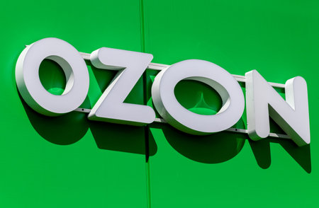 Moscow, Russia - May 26. 2021. Fragment signboards of company Ozon.ru Internet commerceのeditorial素材