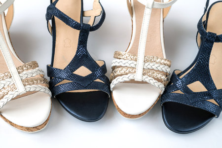 Blue and white women's sandals made of a genuine leatherの写真素材
