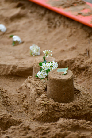 Empty Children's sandbox with a crafts and flowers, Russiaの写真素材