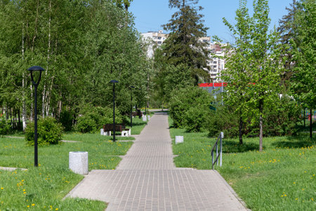 Zelenograd - eco friendly area in Moscow, Russia. High-rise building and treesの写真素材