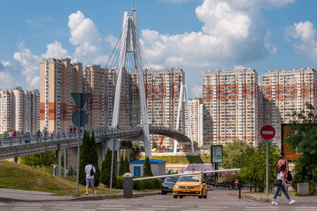 Krasnogorsk, Russia - 22 July. 2021. Microdistrict Pavshinskaya floodplain and cable-stayed bridge across the Moskva riverのeditorial素材