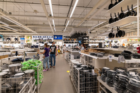 Khimki, Russia - July 25. 2021. The Ikea store interior, kitchenware departmentのeditorial素材