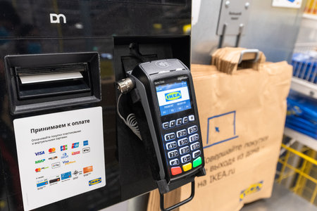 Khimki, Russia - July 25. 2021. The Self-service checkout terminal in Ikea store interior