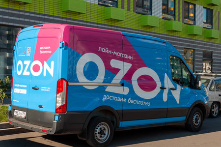 Moscow, Russia - Sept 8. 2021. The branded car company Ozon.ru Internet commerce