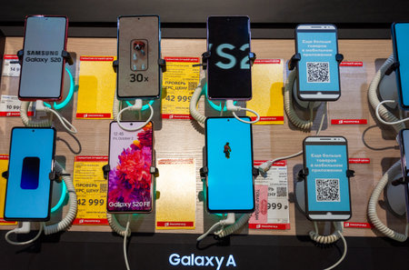 Moscow, Russia - Okt 15. 2021. Phone Samsung Galaxy A in a Shop Mvideoのeditorial素材