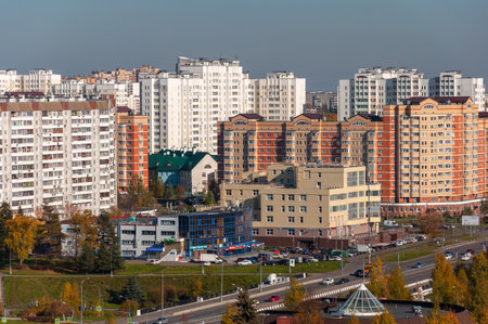Moscow, Russia - Oct 5. 2021. Panoramic view of the city - residential buildings, road and shopping centerのeditorial素材
