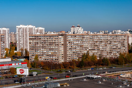 Moscow, Russia - Oct 5. 2021. Panoramic view of the city - residential buildings, road and shopping centerのeditorial素材