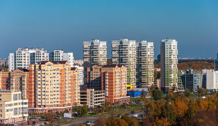 Moscow, Russia - Oct 5. 2021. Panoramic view of the city - residential buildings, road and shopping centerのeditorial素材