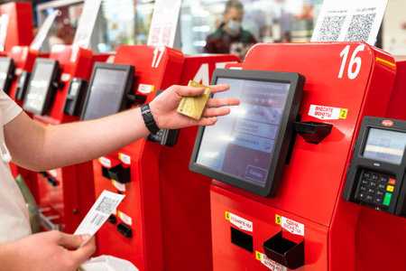 Moscow, Russia - June 9. 2021. teenager pays by a credit card at self-service checkout in Auchan storeのeditorial素材