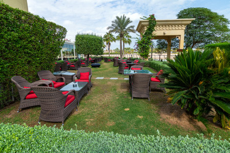 Empty street cafe in Doha, Qatarの写真素材