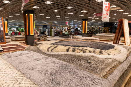 Khimki, Russia - July 25. 2021. Sale of carpets in the Grandshopping mallのeditorial素材