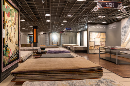 Khimki, Russia - July 25. 2021. Sale of carpets in the Grandshopping mallのeditorial素材