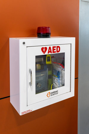 Larnaca, Cyprus - Nov 12. 2019. Box of an Automated External Defibrillator AED, cardiac scienceのeditorial素材