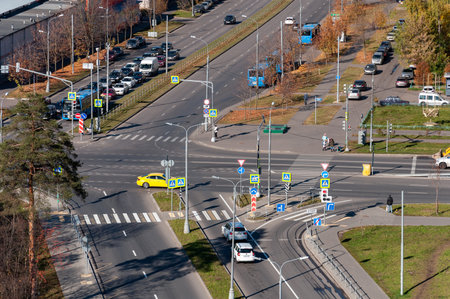 Moscow, Russia - Oct 5. 2021. Aerial view of road junction in Zelenogradのeditorial素材