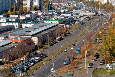Moscow, Russia - Oct 5. 2021. Aerial view of the Andreevka street and garage complex in Zelenogradのeditorial素材