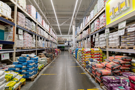 Moscow, Russia -18 Dec. 2021. Construction dry mixes in the Leroy Merlin storeのeditorial素材