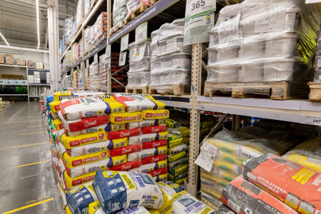 Moscow, Russia -18 Dec. 2021. Construction dry mixes in the Leroy Merlin storeのeditorial素材