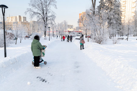 Moscow, Russia - 29 Dec. 2021. Snow-covered boulevard in a microdistrict 20 Zelenogradのeditorial素材