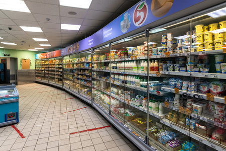 Moscow, Russia - Dec 26. 2021. Dairy products in Pyaterochka storeのeditorial素材