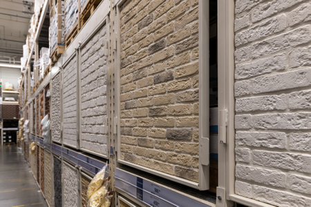Moscow, Russia -18 Dec. 2021. The Facade tiles in Leroy Merlin storeのeditorial素材
