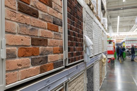 Moscow, Russia -18 Dec. 2021. The Facade tiles in Leroy Merlin store