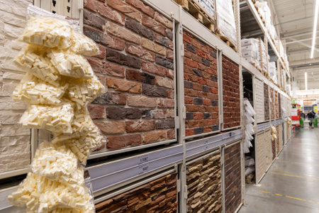 Moscow, Russia -18 Dec. 2021. The Facade tiles in Leroy Merlin storeのeditorial素材