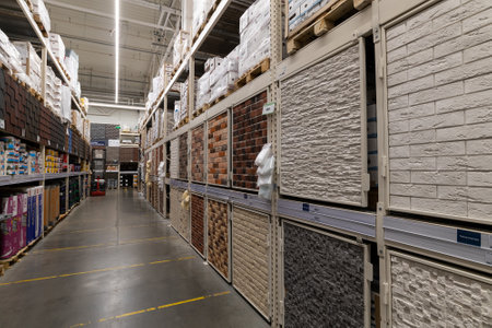 Moscow, Russia -18 Dec. 2021. The Facade tiles in Leroy Merlin storeのeditorial素材