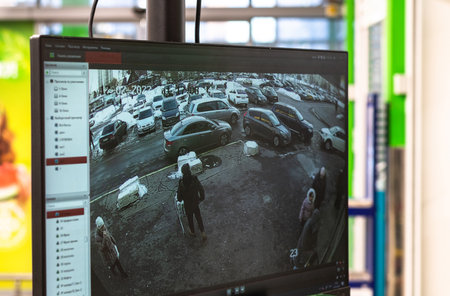Video surveillance for a parking lot in front of store in Moscow, Russiaのeditorial素材