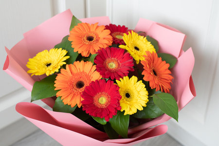 Bouquet of red, yellow and orange gerberasの写真素材