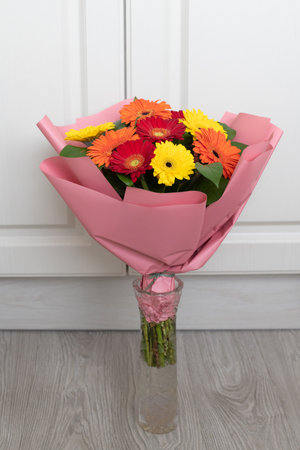 Bouquet of red, yellow and orange gerberasの写真素材