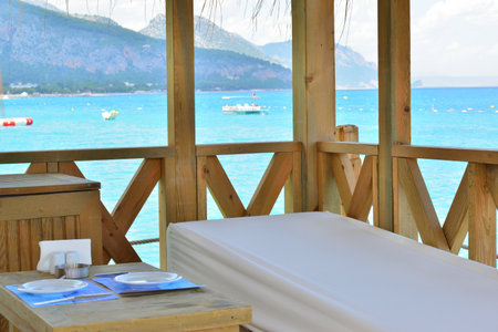 Empty cafe and gazebos for relaxing on the beach in T rkiyeの写真素材