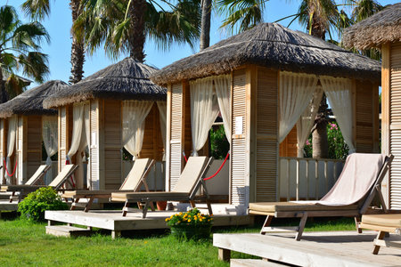 Empty gazebos for relaxing on the beach in Turkeyの写真素材