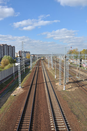 Moscow, Russia - 10 May. 2000. View from above on rails of Kryukovo station in Zelenogradの写真素材