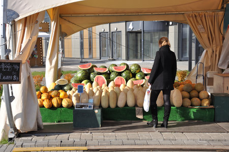 Woman chooses watermelons and melons on street counterの写真素材