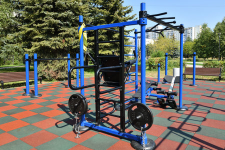 Moscow, Russia - 17 Aug. 2022. outdoor sports complex with weight training equipmentの写真素材