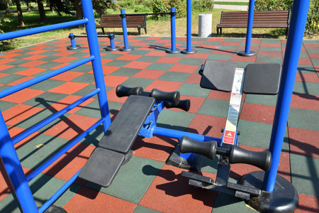 Moscow, Russia - 17 Aug. 2022. outdoor sports complex with weight training equipmentの写真素材