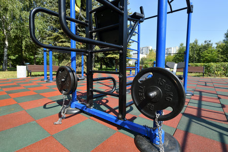 Moscow, Russia - 17 Aug. 2022. outdoor sports complex with weight training equipmentの写真素材